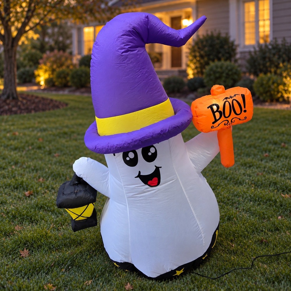 GOOSH 5 Ft Halloween Inflatable Ghost Wizard LED Boo Sign Lantern Yard Decor